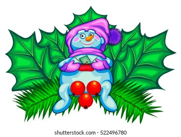 Christmas decoration Snowman and maple leaves. Vector illustration isolated on white.