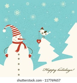 Christmas decoration with snowman on blue background. Vector