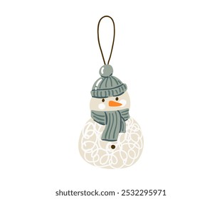 Christmas decoration snowman for the Christmas tree is drawn in a flat style by hand. New Year, Christmas, Holiday.
