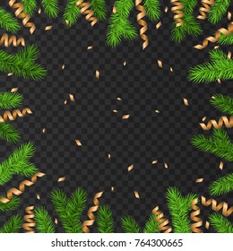Christmas decoration with spruce branch, golden serpentine and confetti on transparent  background. Green fir. Vector frame  for Xmas cards, banners, New year party posters.