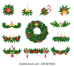 Christmas decoration of spruce, jingle bells, striped cane, ribbon or bow, holly flower and candles. Gift box, snowman, fir cone vector illustrations.