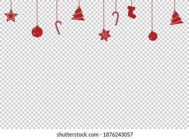 Christmas decoration, star, ball, tree candy, shoes hanging from top isolated  on png or transparent  background, space for text, sale banner template , New Year, Birthdays,  luxury card, vector 