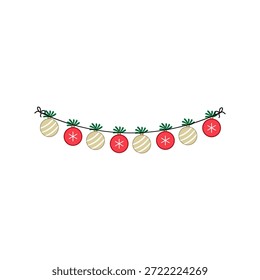 Christmas decoration stringing round red ornaments with white snowflakes and beige ornaments with white stripes, adorned with green tops and black bows for holiday greetings