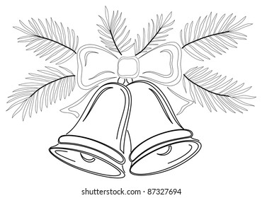 Christmas decoration, symbolical pictogram, contours: bells with bow and fir branches. Vector