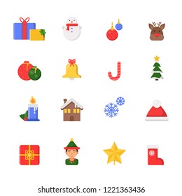 Christmas decoration symbols. Winter north star tree gifts ribbons boots vector icons in flat style. Holiday christmas gift box, boots and house, bell and candle illustration