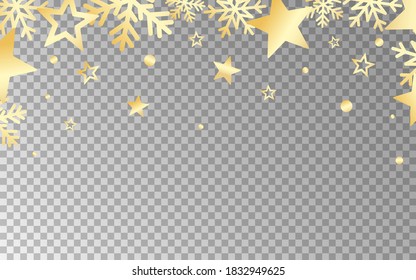 Christmas decoration template. Luxury golden stars and snowflakes. Glitter frame for advertising, card, poster. Festive elements on transparent backdrop. Vector illustration.