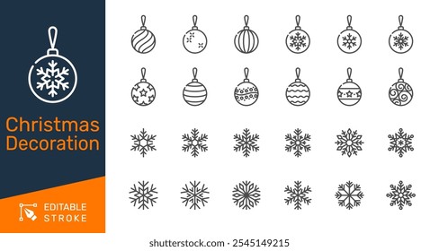 Christmas decoration thin line icons. Editable stroke. Pixel perfect.