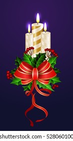 Christmas decoration with three candles  and with red bow and holly