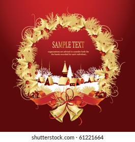 Christmas decoration with a town in red color. All elements and textures are individual objects. Vector illustration scale to any size.
