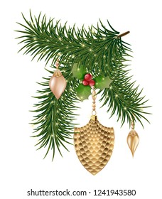 Christmas decoration with toys, pine cones, Christmas tree branches and garlands. realistic illustration white background