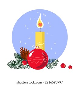 Christmas decoration with Christmas tree branch, pine cones, toy and candle. Han drawn sketch illustration.