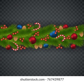 Christmas decoration from Christmas tree branches, garlands, cones, caramel sticks, viburnum.