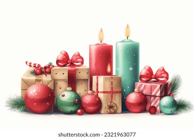 Decoración navideña con árbol de navidad cajas de regalo de árbol de navidad velas rojas navidad navidad vectorial ilustración de arte.