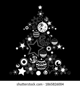 Christmas decoration. Christmas tree made of stars, christmas balls and snowflakes. Black and white illustration.