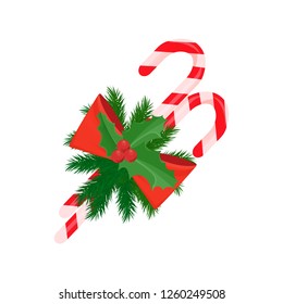 Christmas decoration, two candy sticks decorated by mistletoe holly berries and bow isolated vector icon. Spruce branches and sweets, fir-tree plant