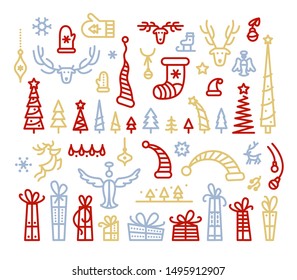 Christmas decoration vector color linear illustrations set. Winter holiday symbols contour icons pack. Xmas tree toys, Santa Claus hats isolated cliparts collection. New Year festive decor