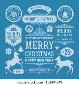 Christmas decoration vector design elements collection. Typographic elements, vintage labels, frames, ribbons, set. Flourishes calligraphic. 