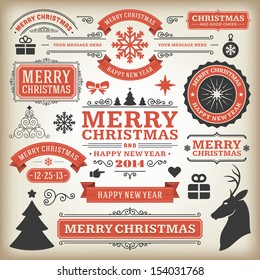 Christmas decoration vector design elements collection. Typographic elements, vintage labels, frames, ribbons, set. Flourishes calligraphic. 