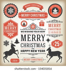 Christmas decoration vector design elements collection. Typographic elements, vintage labels, frames, ribbons, set. Flourishes calligraphic. 