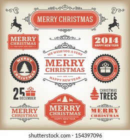 Christmas decoration vector design elements collection. Typographic elements, vintage labels, frames, ribbons, set. Flourishes calligraphic. 