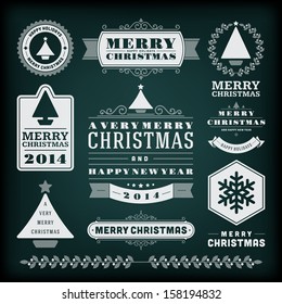 Christmas decoration vector design elements collection. Typographic elements, vintage labels, frames, ribbons, chalk set. Flourishes calligraphic. 