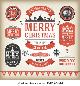Christmas decoration vector design elements collection. Typographic elements, vintage labels, frames, ribbons, set. Flourishes calligraphic. 
