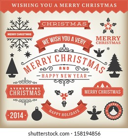 Christmas decoration vector design elements collection. Typographic elements, vintage labels, frames, ribbons, set. Flourishes calligraphic. 