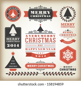 Christmas decoration vector design elements collection. Typographic elements, vintage labels, frames, ribbons, set. Flourishes calligraphic. 