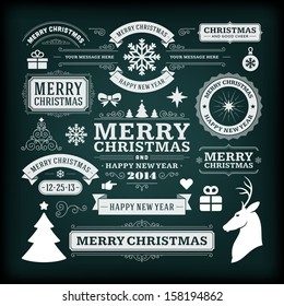 Christmas decoration vector design elements collection. Typographic elements, vintage labels, frames, ribbons, chalk set. Flourishes calligraphic. 