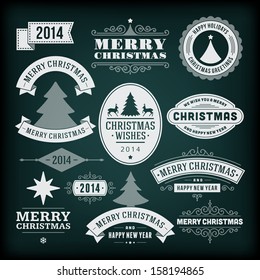 Christmas decoration vector design elements collection. Typographic elements, vintage labels, frames, ribbons, chalk set. Flourishes calligraphic. 