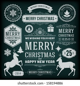 Christmas decoration vector design elements collection. Typographic elements, vintage labels, frames, ribbons, chalk set. Flourishes calligraphic. 