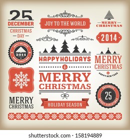 Christmas decoration vector design elements collection. Typographic elements, vintage labels, frames, ribbons, set. Flourishes calligraphic. 