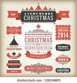 Christmas decoration vector design elements collection. Typographic elements, vintage labels, frames, ribbons, set. Flourishes calligraphic. 