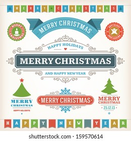 Christmas decoration vector design elements collection. Typographic elements, vintage labels, frames, ribbons, set. Flourishes calligraphic. Christmas decoration vector design elements collection. Typographic elements, vintage labels, frames, ribbons, set. Flourishes calligraphic.