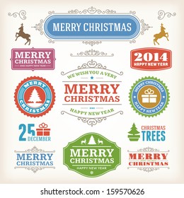 Christmas decoration vector design elements collection. Typographic elements, vintage labels, frames, ribbons, set. Flourishes calligraphic. 