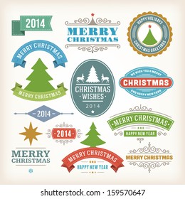 Christmas decoration vector design elements collection. Typographic elements, vintage labels, frames, ribbons, set. Flourishes calligraphic. 