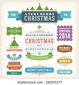 Christmas decoration vector design elements collection. Typographic elements, vintage labels, frames, ribbons, set. Flourishes calligraphic. 