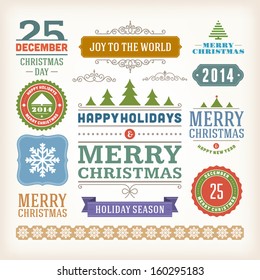 Christmas decoration vector design elements collection. Typographic elements, vintage labels, frames, ribbons, set. Flourishes calligraphic. 