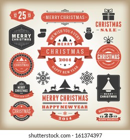 Christmas decoration vector design elements collection. Typographic elements, vintage labels, frames, ribbons, greeting card, happy new year message set. Flourishes calligraphic. 