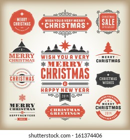 Christmas decoration vector design elements collection. Typographic elements, vintage labels, frames, ribbons, greeting card, happy new year message set. Flourishes calligraphic. 