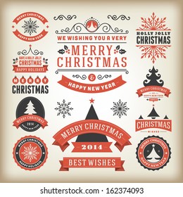 Christmas decoration vector design elements collection. Typographic elements, vintage labels, frames, ribbons, set. Flourishes calligraphic. 