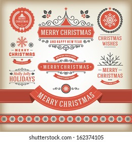 Christmas decoration vector design elements collection. Typographic elements, vintage labels, frames, ribbons, set. Flourishes calligraphic. 