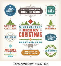 Christmas decoration vector design elements collection. Typographic elements, vintage labels, frames, ribbons, set. Flourishes calligraphic. 