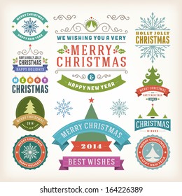 Christmas decoration vector design elements collection. Typographic elements, vintage labels, frames, ribbons, set. Flourishes calligraphic. 