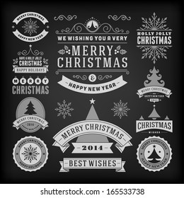 Christmas decoration vector design elements collection. Typographic elements, vintage labels, frames, ribbons, set. Flourishes calligraphic. 