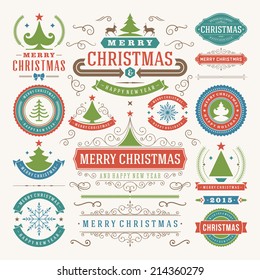 Christmas decoration vector design elements. Merry Christmas and happy holidays wishes.Typographic elements, vintage labels, frames, ornaments and ribbons, set. Flourishes calligraphic. 