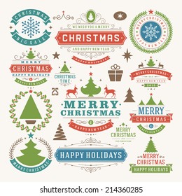 Christmas decoration vector design elements. Merry Christmas and happy holidays wishes.Typographic elements, vintage labels, frames, ornaments and ribbons, set. Flourishes calligraphic. 