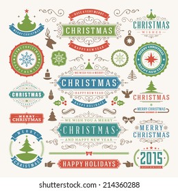 Christmas decoration vector design elements. Merry Christmas and happy holidays wishes.Typographic elements, vintage labels, frames, ornaments and ribbons, set. Flourishes calligraphic. 