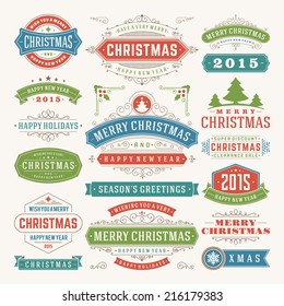 Christmas decoration vector design elements. Merry Christmas and happy holidays wishes.Typographic elements, vintage labels, frames, ornaments and ribbons, set. Flourishes calligraphic. 