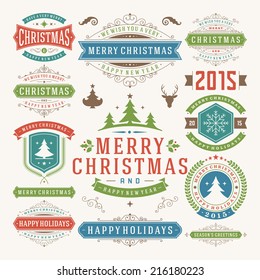 Christmas decoration vector design elements. Merry Christmas and happy holidays wishes.Typographic elements, vintage labels, frames, ornaments and ribbons, set. Flourishes calligraphic. 